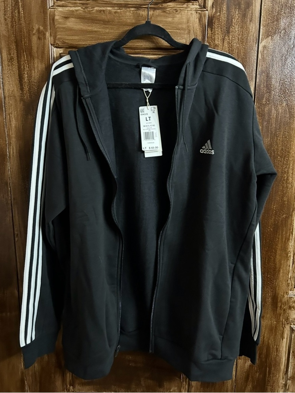 Men’s  Black Zip-Up Hoodie Jacket with White Three-Stripes